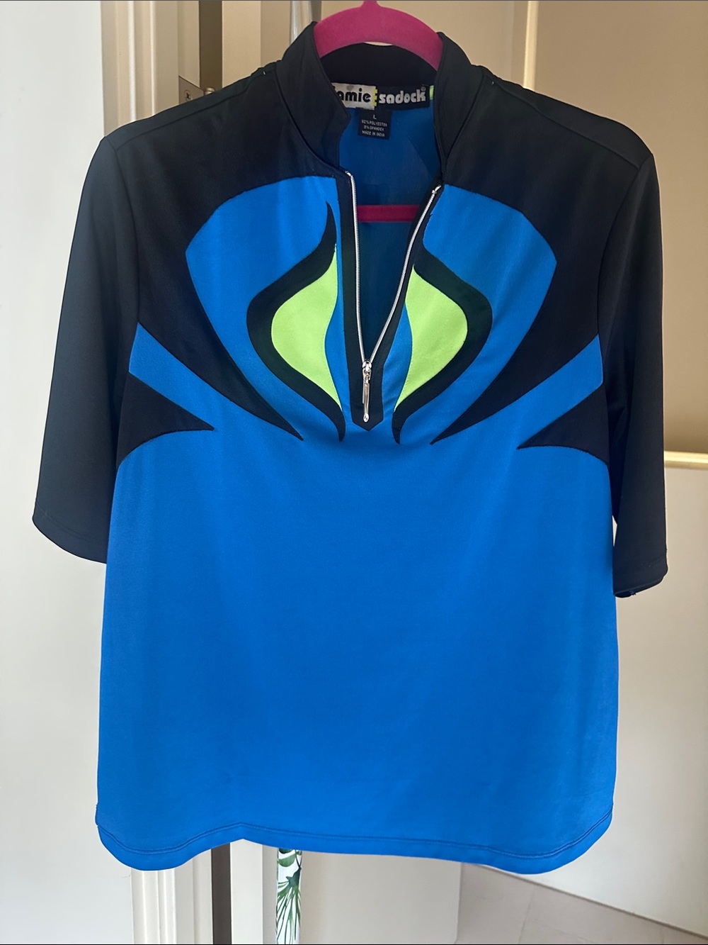 jamie sadock Blue and Black Short Sleeve Top with Lime Accents